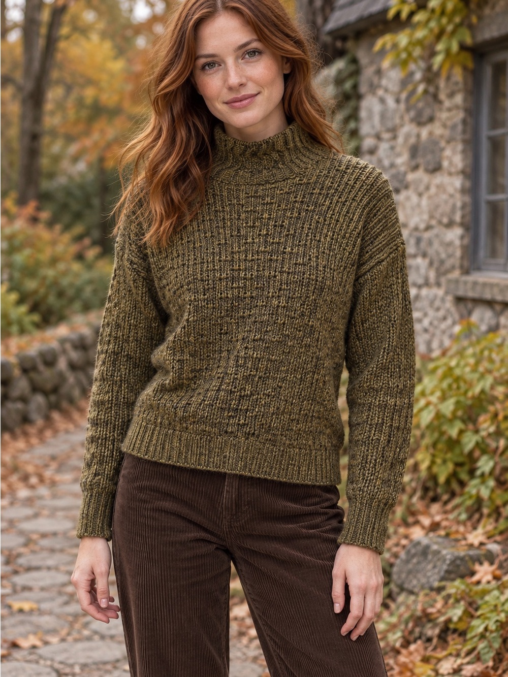 Vintage Hand Knit Olive Green Chunky Mock Neck Sweater Size Small
